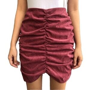 T4 ZARA‎ Ruched Drawstring Mini Skirt Burgundy Velvet Corduroy Size M